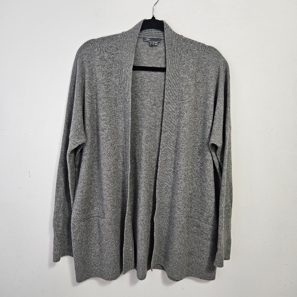 VINCE Cashmere Long Line Cardigan Sz L Grey Open Front